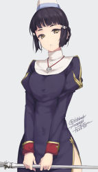 Rule 34 | 1girl, alternate costume, black hair, breasts, brown eyes, collar, cosplay, cross, cross necklace, dated, dress, hair bun, hair ornament, hairclip, holding, holding staff, jewelry, kantai collection, long sleeves, looking at viewer, medium breasts, myoukou (kancolle), necklace, nun, priest (ragnarok online), puffy long sleeves, puffy sleeves, ragnarok online, rokuwata tomoe, short hair, single hair bun, solo, staff, twitter username
