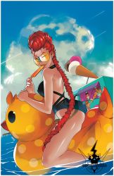 Rule 34 | 1boy, 2girls, ass, black one-piece swimsuit, blue sky, braid, breasts, cloud, cloudy sky, commentary, crimson viper, day, earrings, english commentary, fingernails, flat ass, floating, food, hibiki dan, ice cream, jewelry, kasugano sakura, large breasts, lips, long braid, looking at viewer, mature female, metalhanzo, motor vehicle, multiple girls, ocean, one-piece swimsuit, one eye closed, orange-tinted eyewear, orange-tinted glasses, pier, pompadour, popsicle, red hair, rubber duck, single braid, sky, solo focus, street fighter, street fighter iv (series), sunglasses, swimsuit, tan, tinted eyewear, van, water, watermark, yellow-tinted eyewear, yellow-tinted glasses