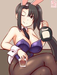 Rule 34 | 1girl, artist logo, black hair, black pantyhose, blush, bottle, breasts, brown eyes, collarbone, couch, crossed legs, cup, detached collar, drinking glass, ice, indoors, kanon (kurogane knights), kantai collection, large breasts, leotard, long hair, looking at viewer, nachi (kancolle), one-hour drawing challenge, pantyhose, playboy bunny, ponytail, purple leotard, side ponytail, sitting, smile, solo, very long hair