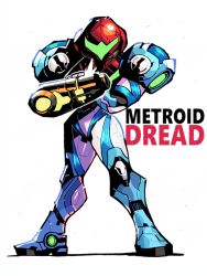 Rule 34 | 1girl, absurdres, arm cannon, artist name, copyright name, full body, helmet, highres, looking at viewer, metroid, metroid dread, nintendo, rariatto (ganguri), samus aran, simple background, solo, standing, weapon, white background