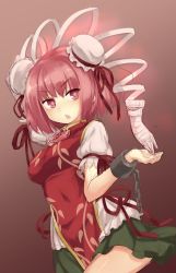 Rule 34 | 1girl, amputee, bandages, breasts, brown background, bun cover, chain, cowboy shot, cuffs, double bun, flower, gradient background, green skirt, hair bun, highres, ibaraki kasen, looking at viewer, medium breasts, oborofu, open mouth, pink eyes, pink hair, shackles, short hair, short sleeves, skirt, solo, tabard, touhou