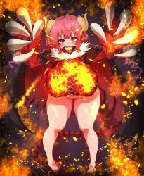 Rule 34 | animal hands, barefoot, black panties, breasts, breath weapon, breathing fire, cape, commentary request, dragon claw, dragon horns, fire, highres, horns, huge breasts, ilulu (maidragon), kobayashi-san chi no maidragon, panties, pointy ears, red eyes, sharp teeth, sho (wnmf3234), slit pupils, solo, tail, teeth, underwear