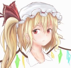 Rule 34 | 1girl, :o, blonde hair, fang, flandre scarlet, hat, hat ribbon, highres, looking at viewer, lumo 1121, mob cap, red eyes, ribbon, short hair with long locks, side ponytail, simple background, solo, touhou, white background, wings