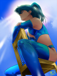 Rule 34 | 1girl, bad id, bad pixiv id, blue eyes, blue hair, breasts, chair, day, from below, light rays, matching hair/eyes, medium breasts, mots, original, shiny clothes, sitting, sitting backwards, sky, solo, sun, sunbeam, sunlight, thighhighs