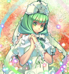 Rule 34 | 1girl, alternate color, arm ribbon, bow, dress, front ponytail, green eyes, green hair, hair bow, interlocked fingers, kagiyama hina, matching hair/eyes, own hands clasped, own hands together, ribbon, smile, solo, touhou, umigarasu (kitsune1963), white day, white dress