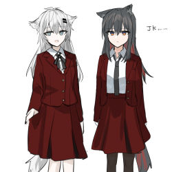 Rule 34 | 2girls, :d, absurdres, animal ear fluff, animal ears, arknights, black hair, black nails, black necktie, blazer, blue eyes, chihuri, closed mouth, collared shirt, grey hair, hair between eyes, hair ornament, hairclip, highres, jacket, lappland (arknights), long hair, looking at viewer, multicolored hair, multiple girls, nail polish, necktie, open clothes, open jacket, open mouth, pantyhose, pleated skirt, red hair, red jacket, red skirt, school uniform, shirt, simple background, skirt, smile, streaked hair, tail, texas (arknights), very long hair, white background, white shirt