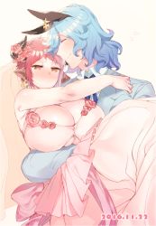Rule 34 | 10s, 1boy, 1girl, 2016, animal ears, bare shoulders, blue hair, blush, breasts, carrying, cleavage, closed eyes, clothing cutout, couple, cow horns, dated, drang (granblue fantasy), draph, dress, embarrassed, eno yukimi, flower, formal, granblue fantasy, hair flower, hair ornament, heart, hetero, horns, huge breasts, husband and wife, jewelry, monster girl, pink dress, pink hair, pointy ears, princess carry, red eyes, shiny clothes, shiny skin, short hair, smile, sturm (granblue fantasy), suit, tsundere, tuxedo, underboob, underboob cutout, wedding dress