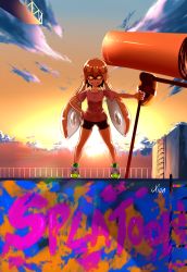 Rule 34 | 1girl, artist name, bike shorts, cloud, cloudy sky, copyright name, fangs, hand on own hip, highres, holding, inkling, inkling girl, inkling player character, long hair, matching hair/eyes, nintendo, open mouth, orange eyes, orange hair, oversized object, paint roller, paint splatter, shirt, shoes, signature, sky, smile, sneakers, solo, splat roller (splatoon), splatoon (series), splatoon 1, standing, sunlight, sunrise, t-shirt, tentacle hair, xion (pulilulu)