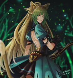 Rule 34 | 1girl, animal ears, arch, atalanta (fate), back, bare back, black gloves, blonde hair, bow (weapon), cat ears, cat girl, cat tail, eyebrows hidden by hair, fate/apocrypha, fate/grand order, fate (series), gloves, green eyes, green hair, hair between eyes, holding, holding bow (weapon), holding weapon, long hair, looking at viewer, looking back, multicolored hair, open mouth, silberein, skirt, solo, tail, weapon