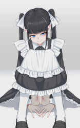 Rule 34 | 1girl, anus, apron, ass, bar censor, black dress, black hair, blue eyes, blunt bangs, bow, censored, cleft of venus, collared dress, dress, frilled apron, frills, hair bow, highres, loafers, long hair, long legs, long sleeves, looking at viewer, maid, maid apron, maid headdress, mustee, no panties, original, pussy, shoes, sidelocks, simple background, sitting, slim legs, smile, socks, solo, twintails, white apron, white bow, white socks