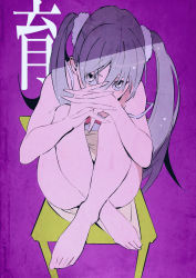 Rule 34 | 1girl, absurdres, bare shoulders, barefoot, chair, covering face, crossed ankles, curled up, dress, feet up, fetal position, grey eyes, hair between eyes, hair ornament, hair scrunchie, head down, highres, hugging own legs, kakeami, knees up, long hair, looking at viewer, monogatari (series), oikura sodachi, on chair, own hands clasped, own hands together, purple background, scrunchie, shadow, silver hair, sitting, sleeveless, sleeveless dress, solo, strap slip, sundress, translated, twintails, upturned eyes, very long hair, white scrunchie, yellow dress