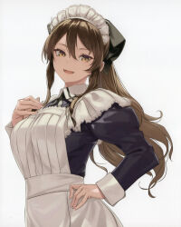 Rule 34 | 1girl, absurdres, adapted costume, alternate costume, apron, ashigara (kancolle), black dress, blush, bow, breasts, brown eyes, brown hair, comiket 102, dress, enmaided, fangs, frilled apron, frills, hair between eyes, hair bow, hand on own hip, highres, juliet sleeves, kantai collection, large breasts, long hair, long sleeves, looking at viewer, maid, maid apron, maid headdress, non-web source, open mouth, ponytail, puffy sleeves, rokuwata tomoe, scan, simple background, skirt, smile, solo, standing, upper body, waist apron, wavy hair, white apron, white background
