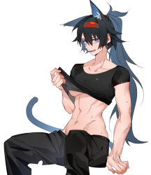 Rule 34 | 1girl, :d, absurdres, alternate costume, alternate hairstyle, animal ear fluff, animal ears, arknights, black hair, black pants, black shirt, blaze (arknights), blue eyes, breasts, cat ears, cat tail, clothes lift, commentary request, crop top, feet out of frame, hair between eyes, hairband, highres, large breasts, long hair, looking at viewer, midriff, molu stranger, navel, open mouth, pants, red hairband, shirt, shirt lift, short sleeves, sitting, smile, solo, stomach, tail, underboob, very long hair
