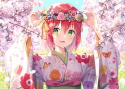 Rule 34 | 1girl, :d, arms up, cherry blossoms, colorful, commentary request, day, floral print, flower, flower wreath, green eyes, head wreath, japanese clothes, kimono, long sleeves, looking at viewer, nonono (nononotea), obi, open mouth, original, outdoors, pink flower, pink rose, print kimono, red hair, rose, sash, short hair, smile, solo, spring (season), upper body, white kimono, wide sleeves, yukata