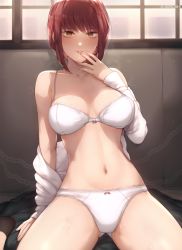 Rule 34 | 1girl, :p, bra, breasts, chainsaw man, collarbone, female focus, fingernails, highres, kimoshi, large breasts, looking at viewer, makima (chainsaw man), navel, open clothes, open shirt, panties, red hair, saliva, shirt, sidelocks, solo, thighs, tongue, tongue out, twitter username, underwear, white bra, white panties, white shirt, yellow eyes