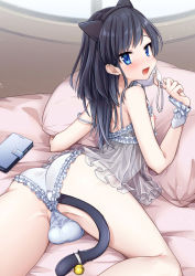 Rule 34 | 1boy, anal, anal object insertion, anal tail, animal ears, ass, black hair, blue eyes, blush, bulge, butt plug, cat ears, cat tail, crossdressing, fake animal ears, fake tail, from behind, highres, lingerie, long hair, looking back, lying, male focus, male penetrated, nipples, object insertion, on stomach, original, pillow, porygonleft, solo, tail, trap, underwear