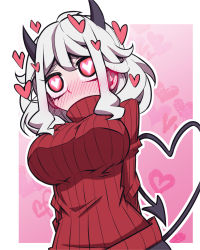 Rule 34 | 1girl, arms behind back, black horns, black tail, blush, breasts, commentary request, demon girl, demon horns, demon tail, full-face blush, heart, heart-shaped pupils, heart background, heart tail, helltaker, highres, horns, jin (mugenjin), large breasts, looking at viewer, medium hair, modeus (helltaker), pink background, red sweater, ribbed shirt, shirt, sidelocks, solo, sweater, symbol-shaped pupils, tail, white hair