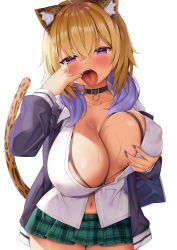 Rule 34 | 1girl, absurdres, alternate hair color, animal collar, animal ear fluff, animal ears, bad id, bad pixiv id, black collar, blonde hair, blush, bra, breast lift, breasts, cat girl, collar, collarbone, covered erect nipples, cupless bra, dark-skinned female, dark skin, green skirt, gyaru, highres, hololive, huge breasts, kusana (dudqja602), large areolae, large breasts, leopard ears, leopard girl, leopard tail, looking at viewer, low twintails, microskirt, mouth pull, multicolored hair, navel, nekomata okayu, open mouth, partially unbuttoned, pleated skirt, puffy nipples, purple eyes, purple hair, saliva, school uniform, shirt, simple background, skirt, solo, tail, tan, tongue, tongue out, twintails, two-tone hair, underwear, virtual youtuber, white background, white shirt