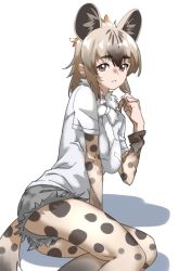 Rule 34 | 1girl, absurdres, animal ear fluff, blonde hair, bow, bowtie, brown eyes, commentary request, cutoffs, denim, denim shorts, extra ears, fur collar, hair between eyes, hand in own hair, highres, hyena ears, hyena girl, hyena tail, kemono friends, layered sleeves, long sleeves, looking at viewer, lying, multicolored hair, on side, pantyhose, pantyhose under shorts, print pantyhose, print sleeves, red eyes, shirt, short over long sleeves, short shorts, short sleeves, shorts, simple background, solo, spotted hyena (kemono friends), tanabe (fueisei), white background, white bow, white bowtie, white shirt