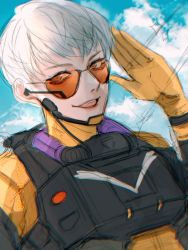 Rule 34 | 1girl, apex legends, bodysuit, brown eyes, cloud, grey hair, headset, highres, looking at viewer, open mouth, orange bodysuit, portrait, salute, short hair, sketch, sky, smile, solo, sparkle, sunglasses, tama (ponz3o1), unfinished, valkyrie (apex legends)