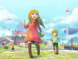 Rule 34 | 1girl, 2boys, bad id, bad pixiv id, blonde hair, blue eyes, blue sky, boots, cloud, day, dress, groose, laughing, link, loftwing, multiple boys, nintendo, princess zelda, red hair, sky, smile, the legend of zelda, the legend of zelda: skyward sword, usamichan, young link, young zelda, aged down