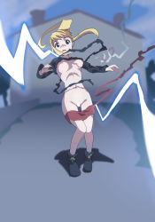 Rule 34 | 1girl, blonde hair, blue eyes, breasts, building, censored, dissolving clothes, female focus, fullmetal alchemist, highres, lightning bolt symbol, long hair, medium breasts, navel, nude, open mouth, outdoors, sarura, shoes, sidelocks, standing, torn clothes, winry rockbell