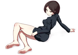 Rule 34 | 1girl, ass, bare legs, barefoot, black hair, bottomless, brown eyes, brown hair, closed mouth, dynamite tomokazu, eyelashes, feet, female focus, full body, looking at viewer, medium hair, miniskirt, office lady, shiny skin, simple background, skirt, soles, solo, toes, white background