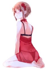 Rule 34 | 1boy, ass, axis powers hetalia, back, bad id, bad pixiv id, barefoot, blush, bra, crossdressing, dimples of venus, flower, from behind, full body, hair flower, hair ornament, looking back, male focus, mgmgkyun, nightgown, panties, romania (hetalia), simple background, solo, sweat, trap, underwear, white background