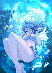 Rule 34 | 10s, 1girl, air bubble, alternate hairstyle, bare arms, bare legs, barefoot, bikini, bikini skirt, blue hair, blue theme, breath, bubble, clenched hands, closed mouth, closed eyes, floating hair, freediving, from below, hair between eyes, hairband, haruna (kancolle), headgear, holding breath, kantai collection, long hair, magenta (atyana), ponytail, solo, submerged, swimming, swimsuit, underwater, white bikini