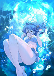 10s 1girl air_bubble alternate_hairstyle bare_arms bare_legs barefoot bikini bikini_skirt blue_hair blue_theme breath bubble clenched_hands closed_eyes closed_mouth female_focus floating_hair freediving from_below hair_between_eyes hairband haruna_(2016_swimsuit_mode)_(kancolle) haruna_(kancolle) headgear holding_breath kantai_collection long_hair magenta_(atyana) ponytail solo submerged swimming swimsuit underwater white_bikini