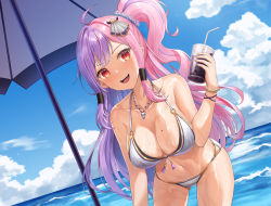 Rule 34 | 1girl, :d, ahoge, beach, beach umbrella, bikini, blue sky, bracelet, breasts, bubble tea, cleavage, collarbone, cowboy shot, cup, day, front-tie bikini top, front-tie top, hair ornament, halterneck, holding, holding cup, indie virtual youtuber, jewelry, looking at viewer, lunacle, mayoi (vtuber), mole, mole on breast, multicolored hair, navel, necklace, o-ring, o-ring bikini, ocean, open mouth, outdoors, pink hair, ponytail, purple hair, red eyes, sand, sidelocks, sky, smile, solo, string bikini, swimsuit, two-tone hair, umbrella, virtual youtuber, water, wet, wet clothes, wet swimsuit