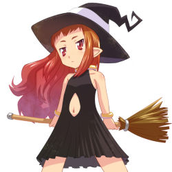 Rule 34 | 1girl, broom, brown eyes, brown hair, dress, female focus, flat chest, frown, hat, jewelry, long hair, meow (nekodenki), navel, necklace, original, pointy ears, simple background, solo, white background, witch, witch hat