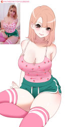 Rule 34 | 1girl, breasts, brown hair, bunny ayumi, cleavage, feet out of frame, food print, green shorts, highres, large breasts, looking at viewer, medium hair, photo-referenced, photo inset, pink tank top, pink thighhighs, real life, reference inset, shorts, simple background, skindentation, solo, strawberry print, tank top, thighhighs, tofuubear, white background