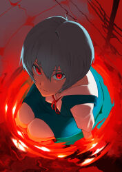 Rule 34 | 1girl, absurdres, ayanami rei, blue eyes, blue hair, closed mouth, expressionless, hair between eyes, highres, looking at viewer, neon genesis evangelion, red eyes, red ribbon, reflection, ribbon, school uniform, shirt, short hair, solo, tokyo-3 middle school uniform, white shirt, yuiko1015