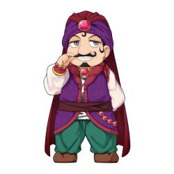 1boy arabian_clothes black_hair cape chibi chibi_only facial_hair full_body goatee green_pants grey_eyes grin long_sleeves looking_at_viewer male_focus mustache official_art pants pink_gemstone purple_turban purple_vest ragnarok_online red_cape samir_hamid shirt short_hair simple_background smile solo standing transparent_background twirling_mustache vest white_shirt yuichirou