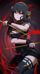 Rule 34 | 1girl, absurdres, black dress, black hair, black thighhighs, blood, breasts, cleavage, closed mouth, dagger, dress, gold hairband, hairband, highres, holding, holding dagger, holding knife, holding weapon, knife, lnji (rnlwls34), long hair, looking at viewer, medium breasts, red eyes, solo, spy x family, thighhighs, weapon, yor briar