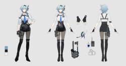 Rule 34 | 1girl, asymmetrical hair, black footwear, black gloves, black hairband, black skirt, blue hair, blue necktie, boots, breasts, character sheet, collar, collared shirt, cuffs, earpiece, eula (genshin impact), fingerless gloves, from behind, full body, genshin impact, gloves, grey pantyhose, hairband, handcuffs, highres, large breasts, long sleeves, looking at viewer, multiple views, necktie, pantyhose, shirt, short hair, simple background, skirt, standing, thigh boots, thigh strap, to e, white collar, white shirt, yellow eyes