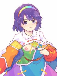 Rule 34 | 1girl, blush, dress, flat chest, hairband, highres, looking at viewer, multicolored clothes, multicolored dress, nipple slip, nipples, nose blush, purple eyes, purple hair, rainbow, short hair, simple background, solo, sweat, tenkyuu chimata, touhou, wasabisuke, white background