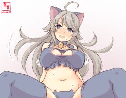 Rule 34 | 1girl, ahoge, alternate costume, artist logo, bell, bra, breasts, cat cutout, cat ear panties, cat lingerie, choker, cleavage cutout, clothing cutout, commentary request, covered erect nipples, dated, frilled bra, frills, grey bra, grey eyes, grey panties, grey thighhighs, implied sex, jingle bell, kanon (kurogane knights), kantai collection, large breasts, lingerie, long hair, looking at viewer, meme attire, neck bell, panties, silver hair, simple background, sitting, solo, spread legs, thighhighs, underwear, washington (kancolle), white background