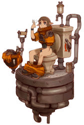 Rule 34 | 1girl, abe jun, armband, bad id, bad pixiv id, bottomless, clothes pull, faux figurine, gloves, helmet, original, pants, pants pull, pointy ears, simple background, solo, steampunk, tears, toilet, toilet paper, toilet use