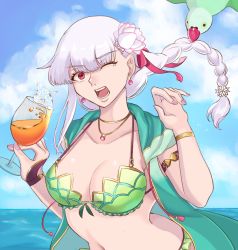 Rule 34 | 1girl, bad id, bad pixiv id, bare shoulders, beach, bikini, bird, blue sky, blush, braid, braided ponytail, breasts, cleavage, collarbone, cup, drawstring, drinking glass, earrings, fate/grand order, fate (series), flower, frills, grabbing another&#039;s hair, green bikini, green vest, hair flower, hair ornament, hair ribbon, hood, hooded vest, hoodie, jewelry, kama (fate), kama (swimsuit avenger) (fate), kama (swimsuit avenger) (second ascension) (fate), large breasts, long hair, looking at viewer, lotus, nail polish, necklace, nikumaki43, one eye closed, open mouth, parakeet, parrot, pendant, red eyes, ribbon, silver hair, sky, swimsuit, thighs, vest