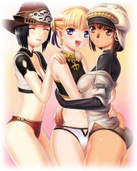 Rule 34 | 3girls, :d, ^ ^, animal nose, aphmau, archived source, ass, bare shoulders, black hair, breasts, brown eyes, brown hair, brown panties, cameltoe, cat girl, cat tail, cleavage, closed eyes, closed mouth, clothing cutout, earrings, facing another, final fantasy, final fantasy xi, girl sandwich, gold trim, hands on another&#039;s back, hands on another&#039;s shoulders, hat, hume, jewelry, lower teeth only, medium breasts, mihli aliapoh, mithra (ff11), multiple girls, najelith, navel, open mouth, panties, parted lips, partially undressed, pink lips, red headwear, red panties, ringed eyes, sandwiched, shirt, short hair, short sleeves, smile, standing, tail, tail around waist, tail through clothes, taisai soft, teeth, thighs, underwear, white headwear, white panties, white shirt