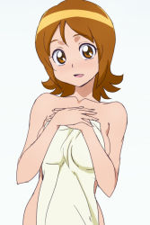 Rule 34 | 10s, 1girl, breasts, brown eyes, brown hair, collarbone, covering privates, hands on own chest, happinesscharge precure!, nude, oimanji, oomori yuuko, precure, short hair, smile, solo, towel