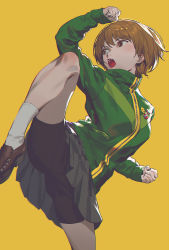 Rule 34 | 1girl, badge, bike shorts, bike shorts under skirt, black shorts, black skirt, brown eyes, brown footwear, brown hair, button badge, clenched hands, fajyobore, green jacket, highres, jacket, kneehighs, leg up, loafers, long sleeves, miniskirt, open mouth, persona, persona 4, pleated skirt, satonaka chie, shoes, short hair, shorts, simple background, skirt, socks, solo, standing, standing on one leg, track jacket, turtleneck, turtleneck jacket, upskirt, v-shaped eyebrows, white socks, yellow background