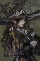 Rule 34 | 1girl, black capelet, black dress, black hat, brown hair, capelet, closed mouth, dress, forest, frilled sleeves, frills, from side, hat, highres, lips, long hair, long sleeves, lucaxu1991, nature, nose, original, painterly, patterned, pointy ears, profile, solo, standing, upper body, wavy hair, witch, witch hat