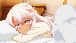 Rule 34 | 1girl, bed sheet, blanket, blush, chloe von einzbern, closed mouth, dark-skinned female, dark skin, fate/kaleid liner prisma illya, fate (series), female focus, flat chest, game cg, hair between eyes, head on pillow, indoors, light smile, long hair, long sleeves, looking at viewer, lying, nude filter request, official art, on stomach, pajamas, pillow, pink hair, red pupils, shirt, sidelocks, solo, straight hair, third-party source, under covers, white pajamas, white shirt, yellow eyes
