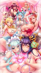 Rule 34 | 6+girls, :q, animal ears, armpits, arms up, bikini, blonde hair, blue eyes, blue hair, blush, breasts, brown hair, ch@r, chain, cleavage, eyebrows hidden by hair, fake animal ears, female focus, fox ears, green hair, happy, heart, heart hands, highres, huge breasts, indoors, large breasts, leotard, long hair, looking at viewer, maid headdress, multiple girls, nippleless clothes, nipples, open mouth, original, pink eyes, playboy bunny, project qt, purple eyes, rabbit ears, red hair, short hair, simple background, smile, swimsuit, tongue, tongue out, twintails, yellow eyes
