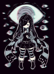 Rule 34 | 1girl, amissio, aria wintermint, black footwear, black hair, blush stickers, boots, chromatic aberration, closed eyes, closed mouth, expressionless, eyebrows, facing viewer, full body, goth fashion, hair over one eye, headphones, highres, knee boots, limited palette, long hair, multicolored clothes, multicolored legwear, multicolored scarf, parororo, scarf, sidelocks, solo, striped clothes, striped legwear, striped scarf, striped thighhighs, the crawling city, thighhighs, very long hair