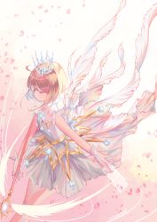 Rule 34 | 1girl, ahoge, brown hair, card, cardcaptor sakura, commentary, crown, crystal, dress, closed eyes, from side, gloves, holding, holding card, holding staff, kinomoto sakura, koichame, magical girl, petals, short hair, signature, solo, staff, white dress, white gloves, yume no tsue