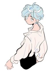 Rule 34 | 1other, ahoge, ambiguous gender, arms at sides, blue hair, closed mouth, cropped legs, dolman (dm), earrings, facing to the side, from behind, half-closed eyes, jewelry, jitome, light frown, long sleeves, looking ahead, loose clothes, loose shirt, mismatched eyebrows, original, other focus, parted bangs, shirt, shirt tucked in, short hair, simple background, sleeve cuffs, standing, stud earrings, white background, white eyes, white shirt